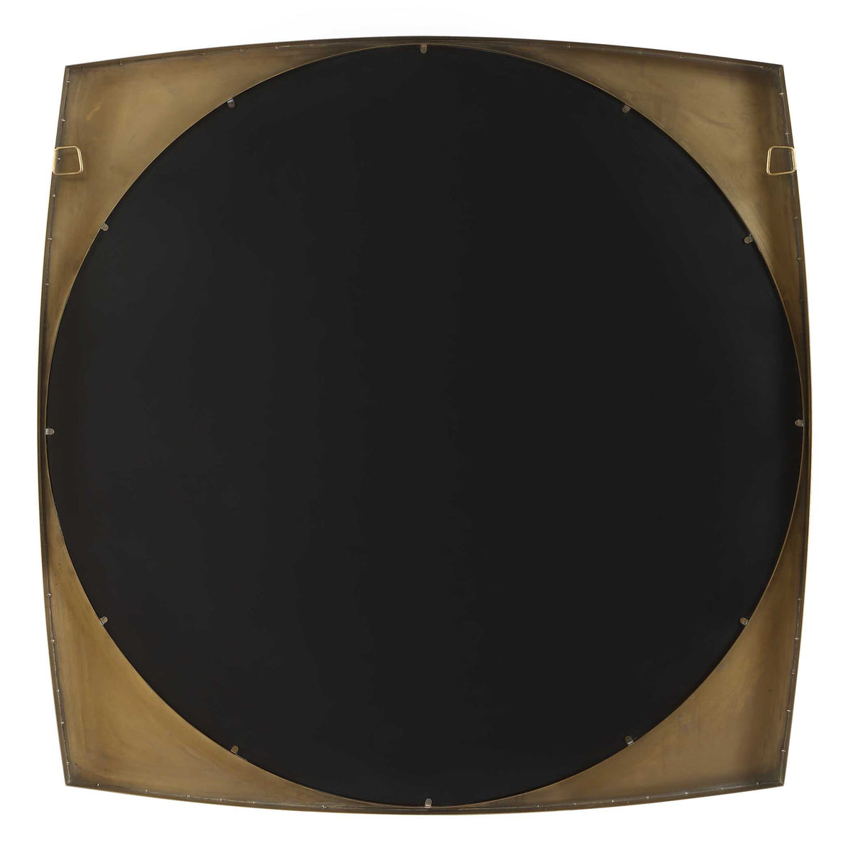 Circle of glass with a 1 inch bevel set inside warm brass plated steel, living room mirror