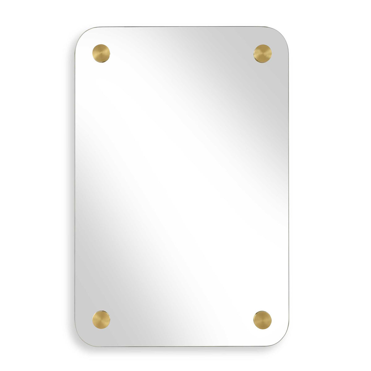 24 x 36 inch frameless rounded rectangle mirror with brass medallions