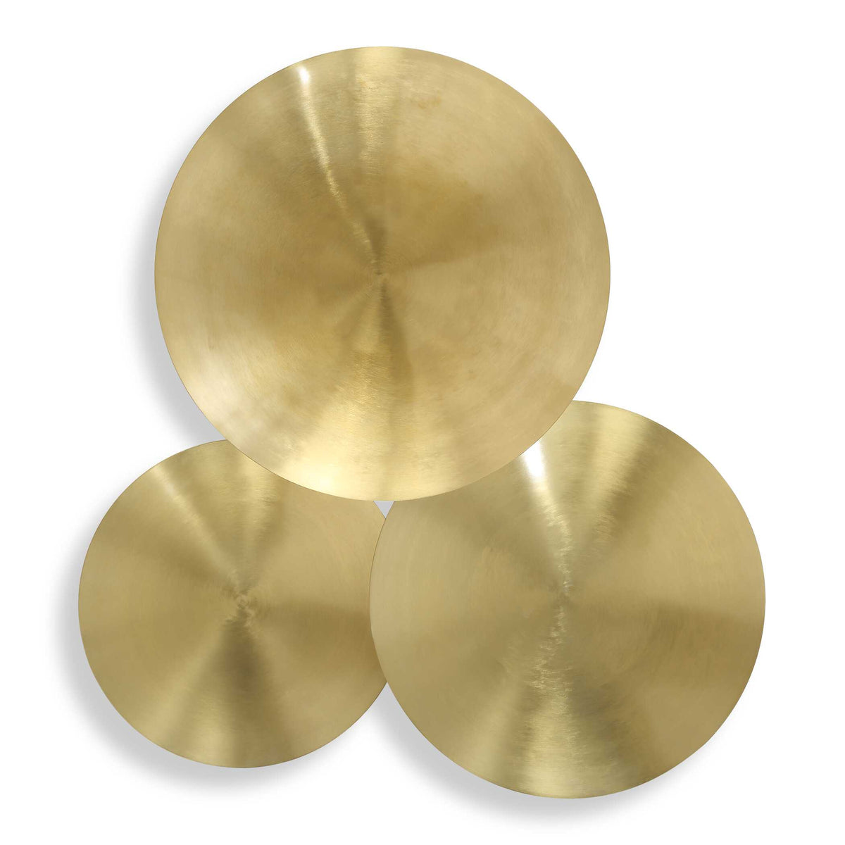 28 inch modern round brass plated iron metal wall art set of 3, overlapping gold discs