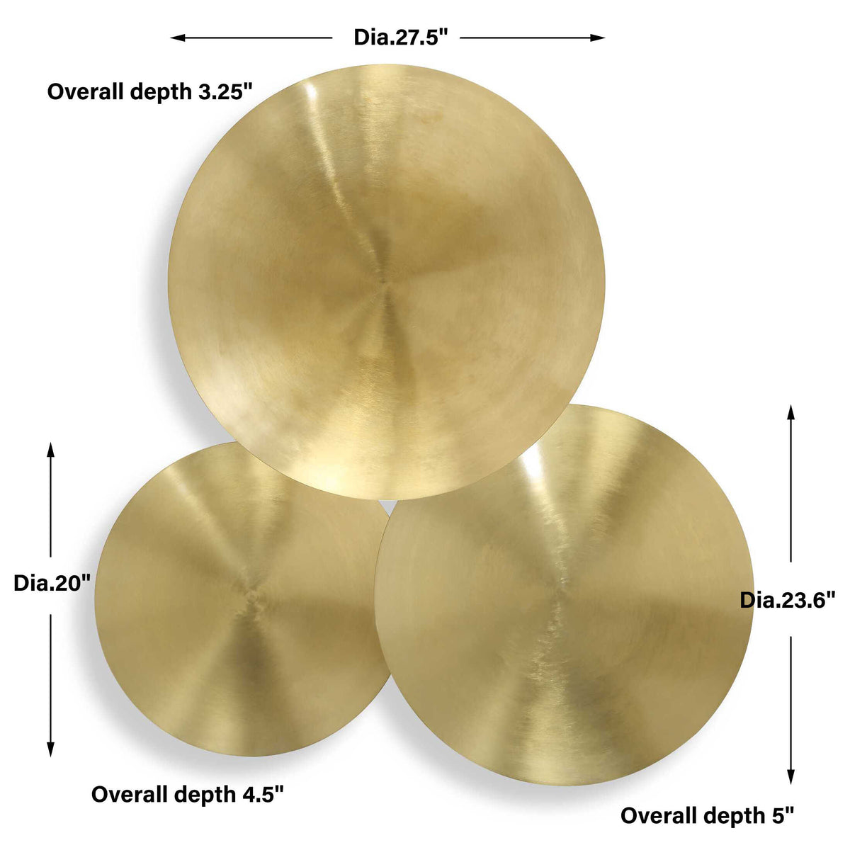Metal wall art set dimensions, largest disc 27.5 inch diameter, 3.25 inch deep