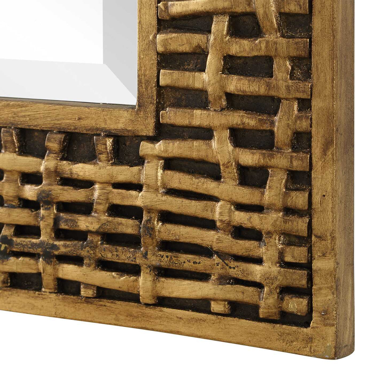 Art Deco and Old Money entryway mirror with a loosely woven frame motif