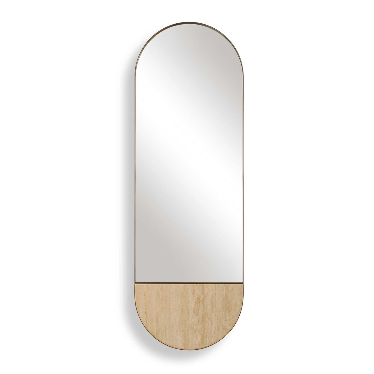 20 x 59 inch tall oval golden bronze iron mirror with travertine base