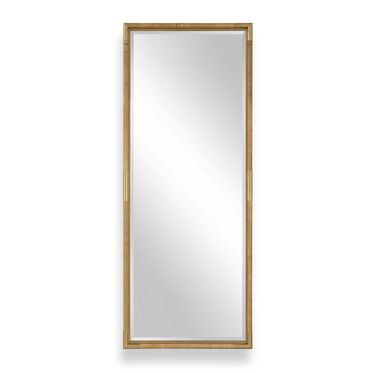 30 x 74 inch full length rattan wrapped antiqued gold beveled mirror
