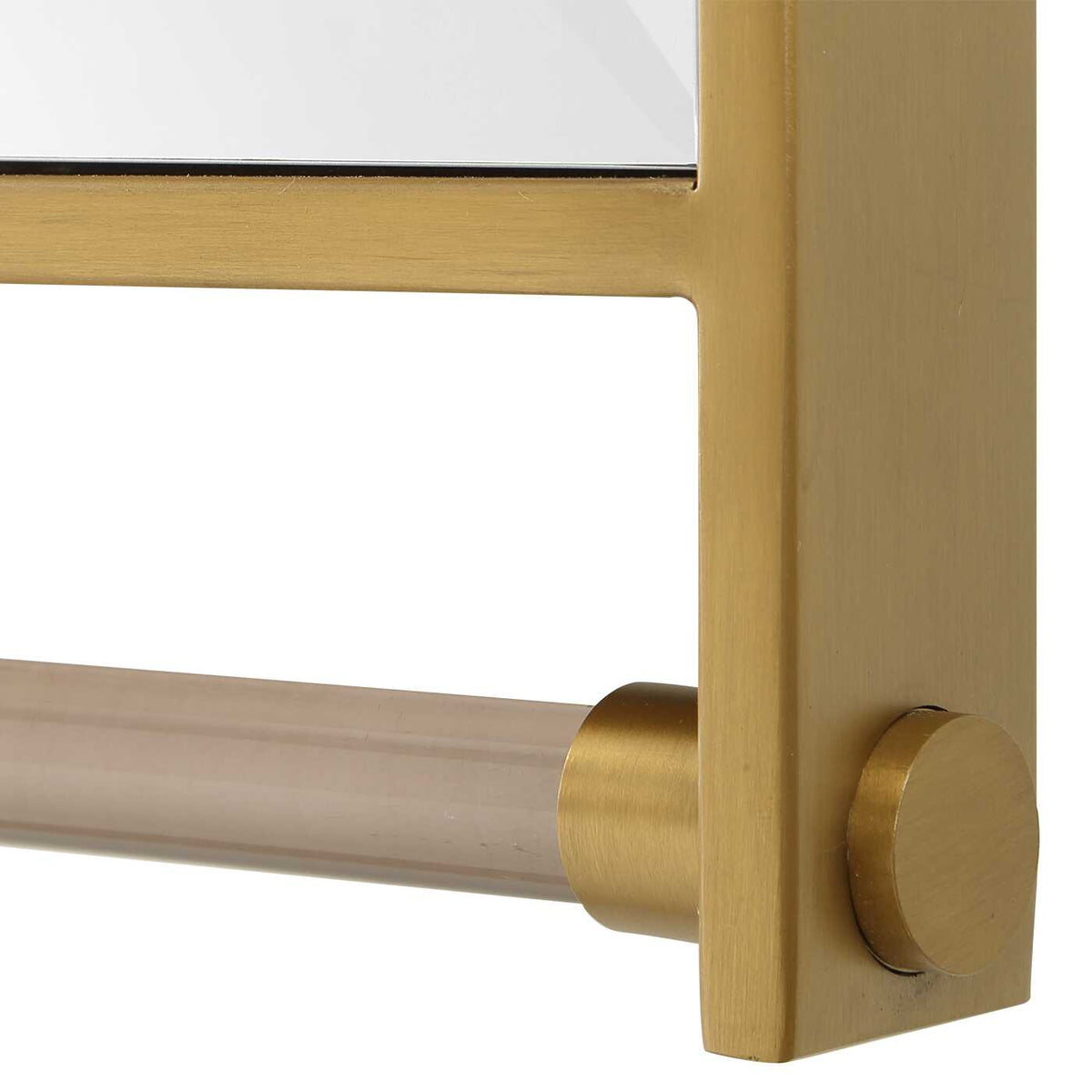 Art deco and dark academia console mirror in plated antique brass with amber acrylic accents