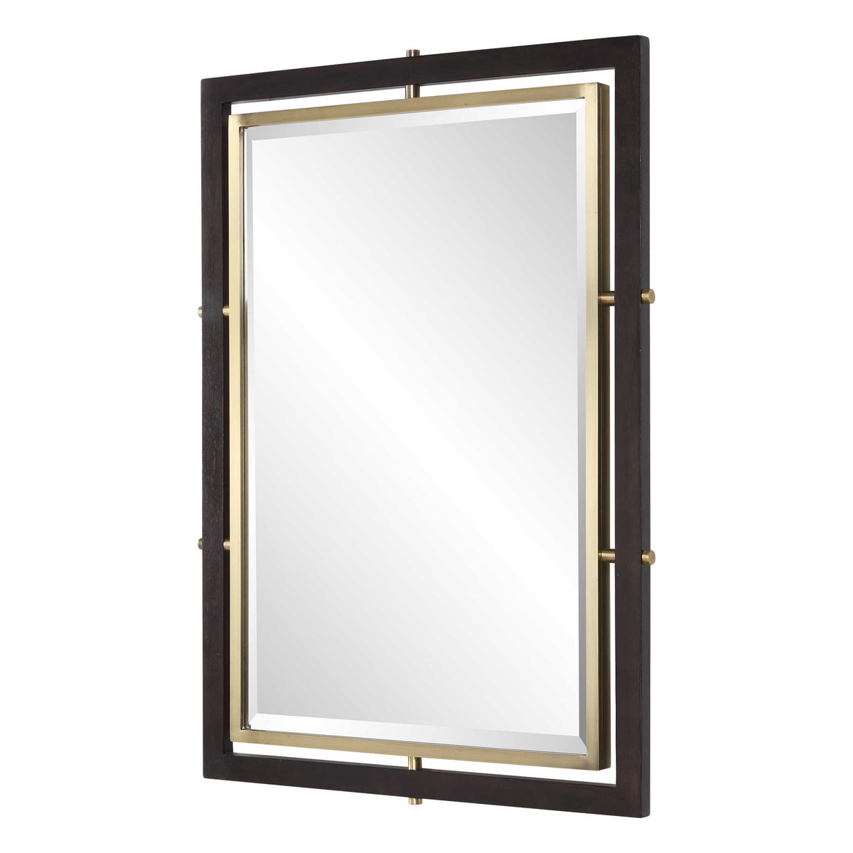 Dark academia accent mirror, dark walnut stained frame and floating antique brass inner frame