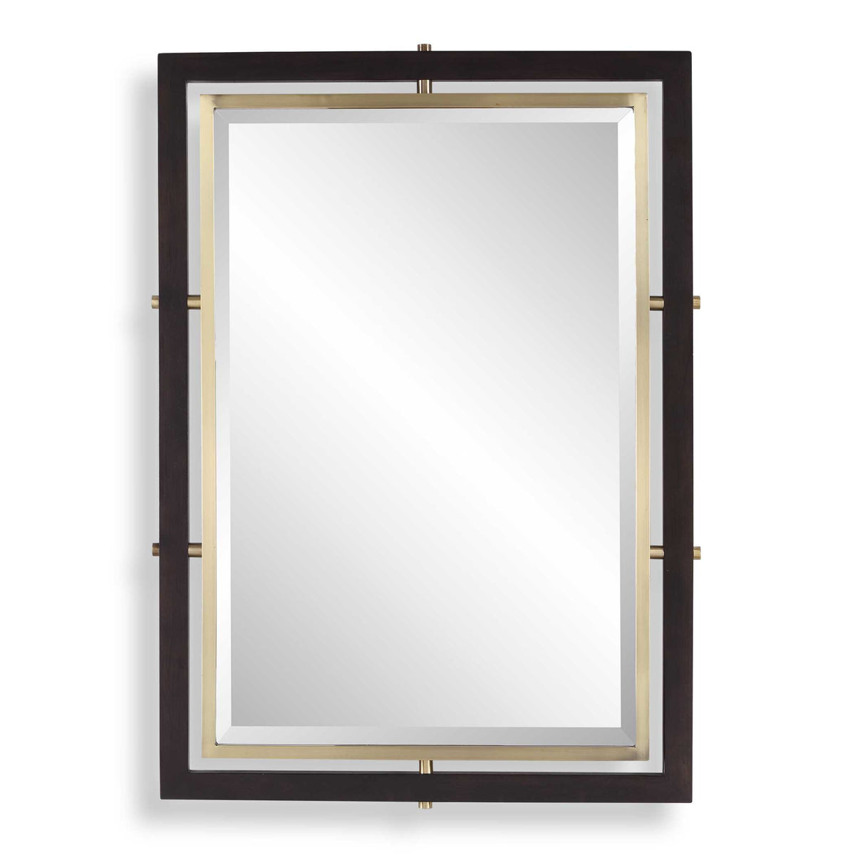 31 x 44 inch rectangle dark walnut finish and antique brass beveled mirror