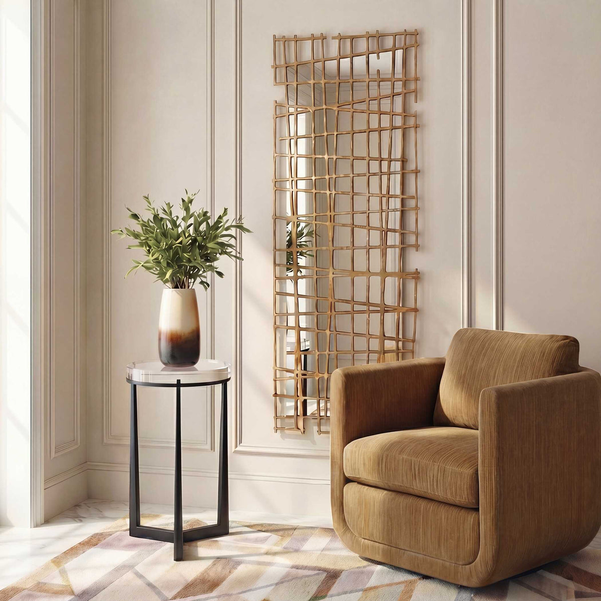Golden Intersection mirrored wall decor on a paneled wall beside an accent chair and side table