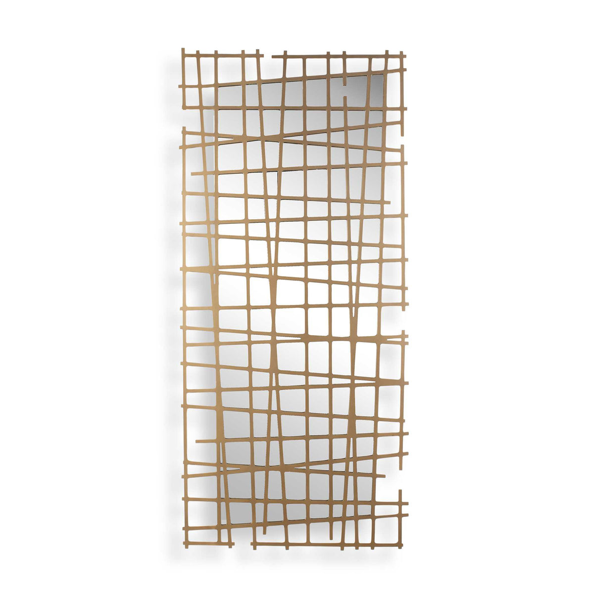 24 inch antique gold iron abstract geometric mirrored wall decor with open grid metalwork