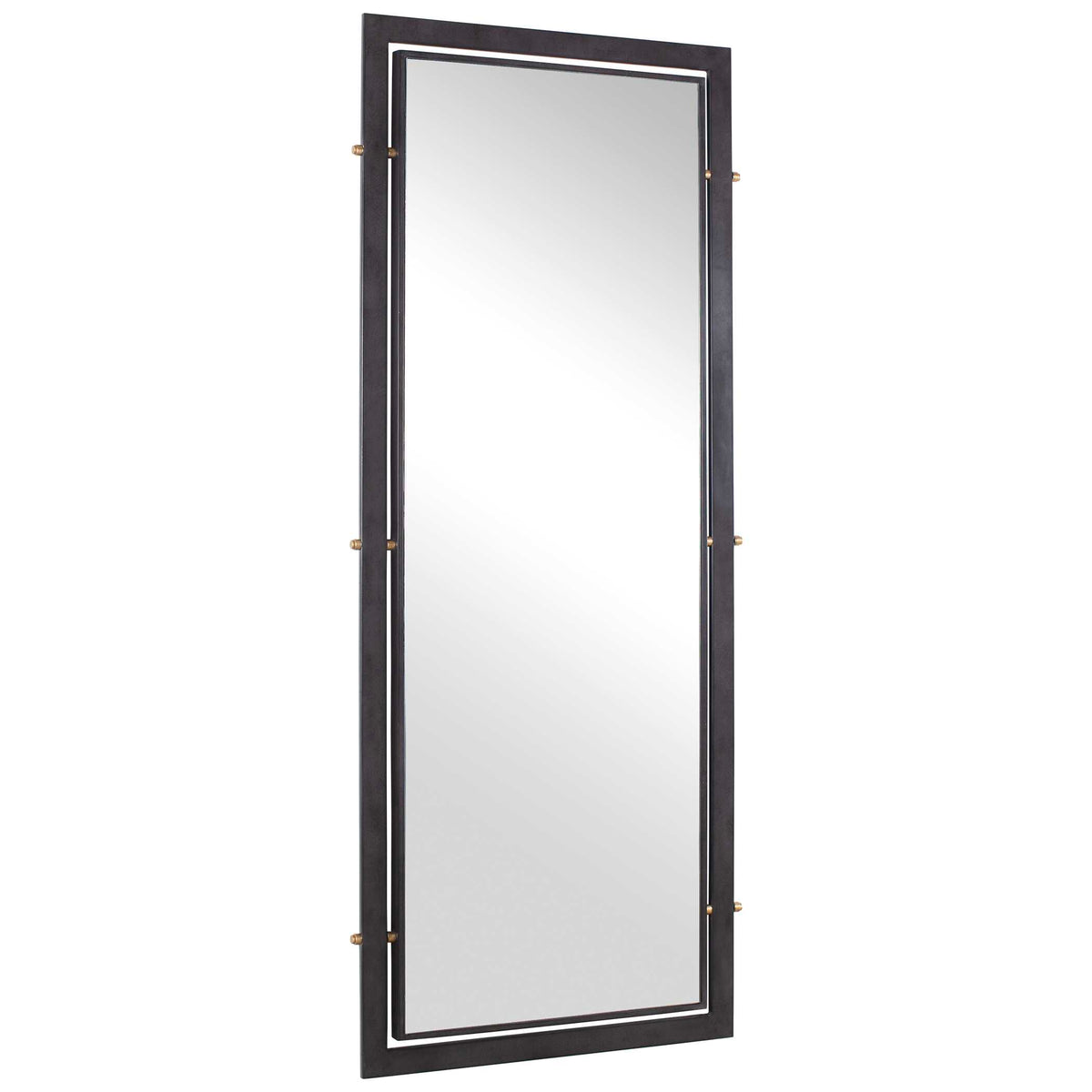 Angled view of a slim dark bronze frame with contrasting brass pin details