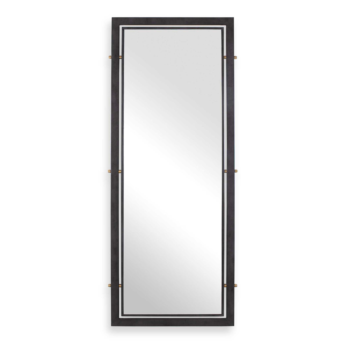 31 x 76 inch tall dark bronze iron wall mirror with antique brass pins