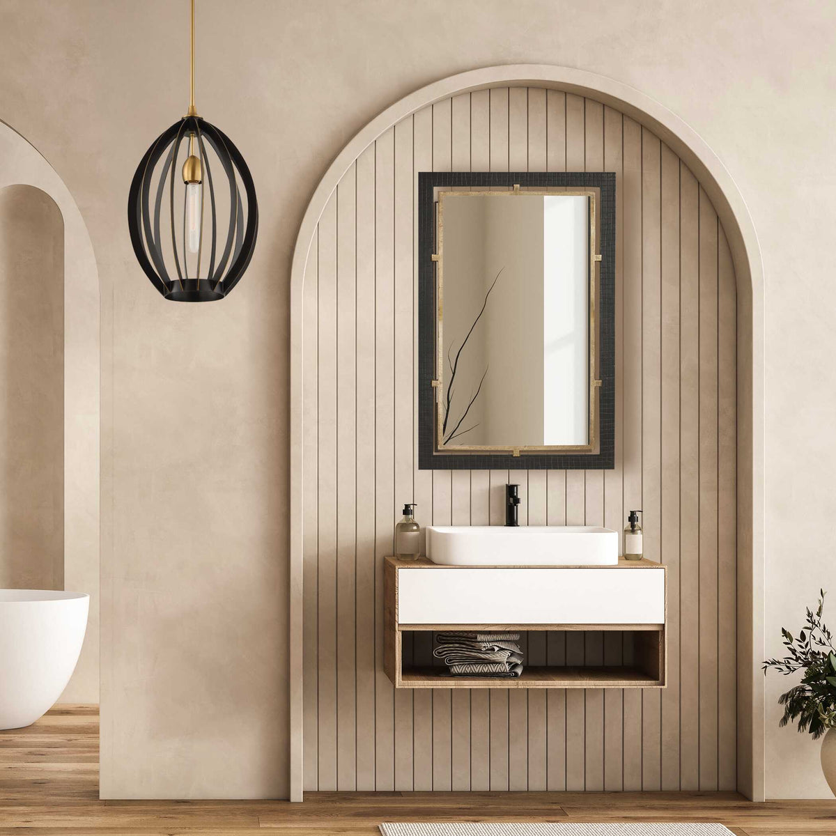 Uttermost 08349 Guerra collection mirror above a floating vanity in an arched niche with a pendant light