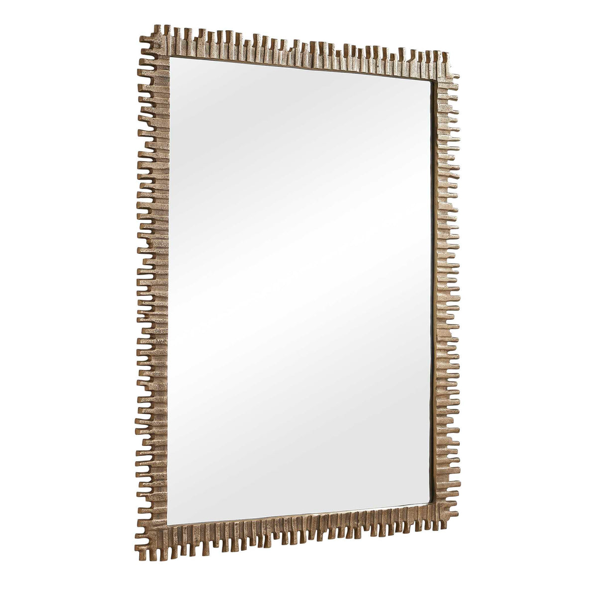 Angled view of the rugged, textured brass frame on this bathroom vanity mirror