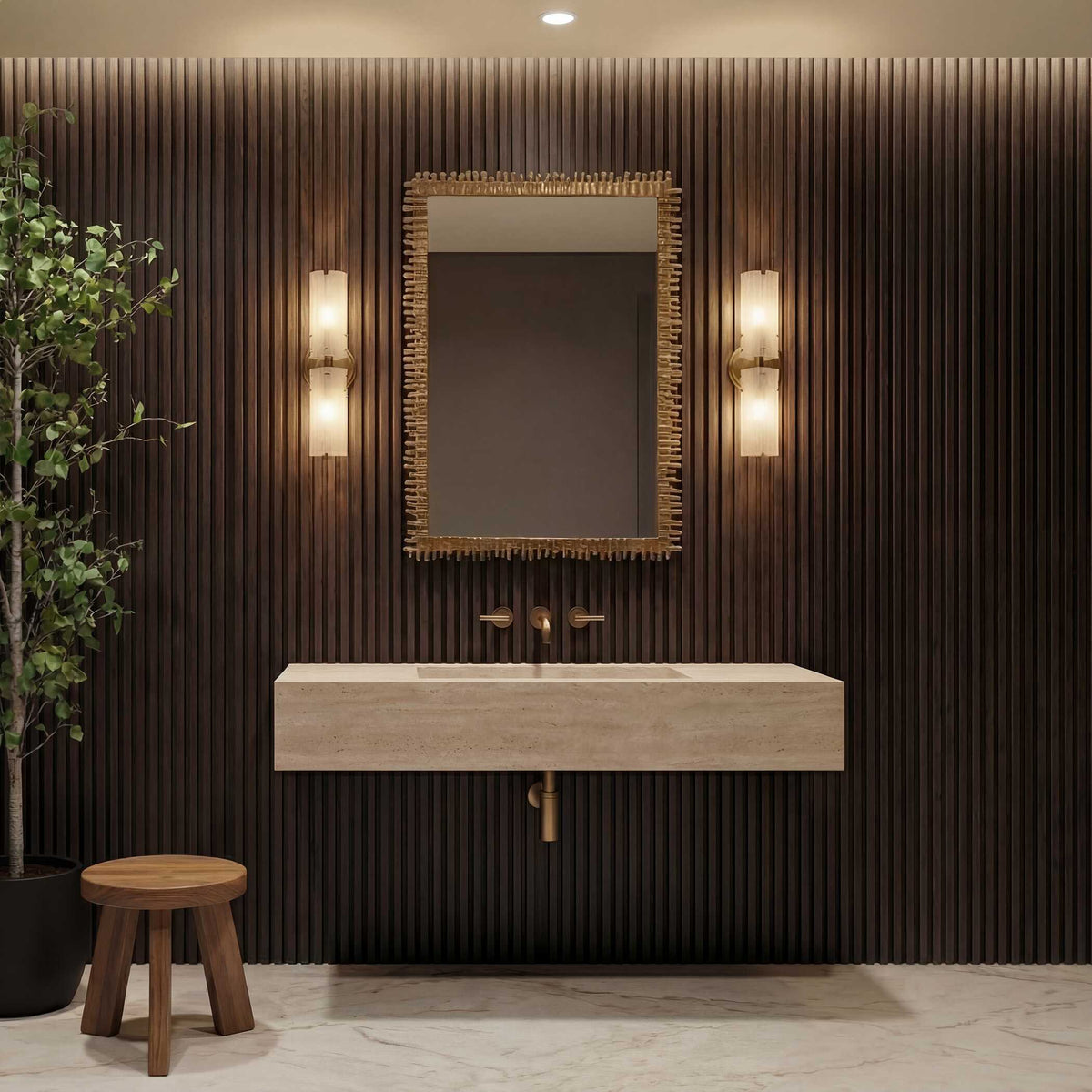 Uttermost 08354 Soto collection mirror above a floating stone sink between two wall sconces