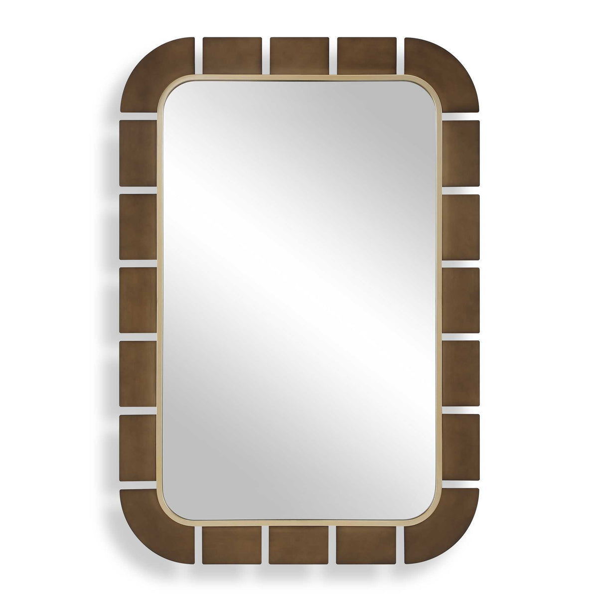 38 x 56 inch dark bronze segmented wall mirror with antiqued gold ledge