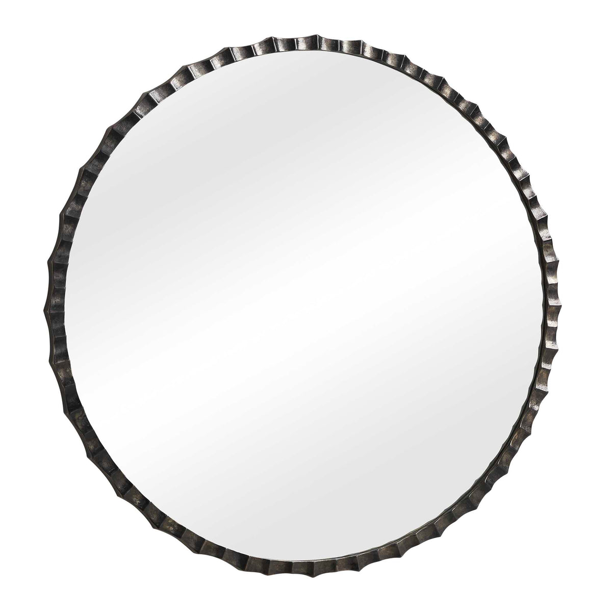 Front view of a dramatic undulating scalloped frame in a moody charcoal finish