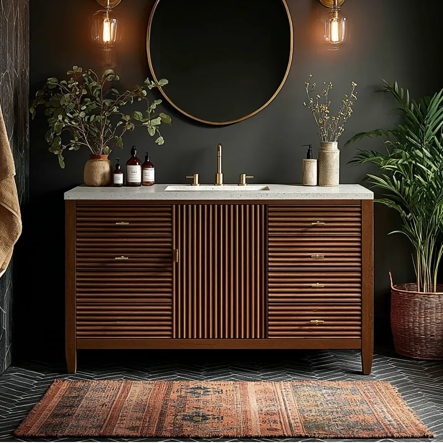Mid-century modern dark bathroom vanity with round mirror