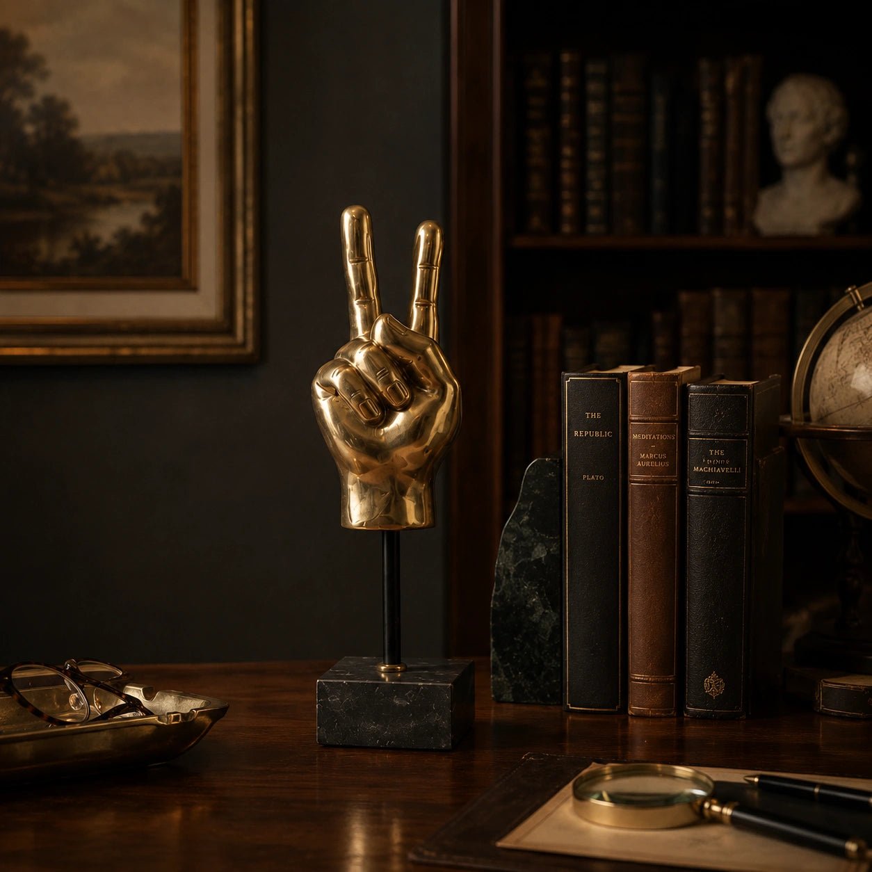 Gold hand sculpture making a peace sign on a dark wooden desk with books and decor.