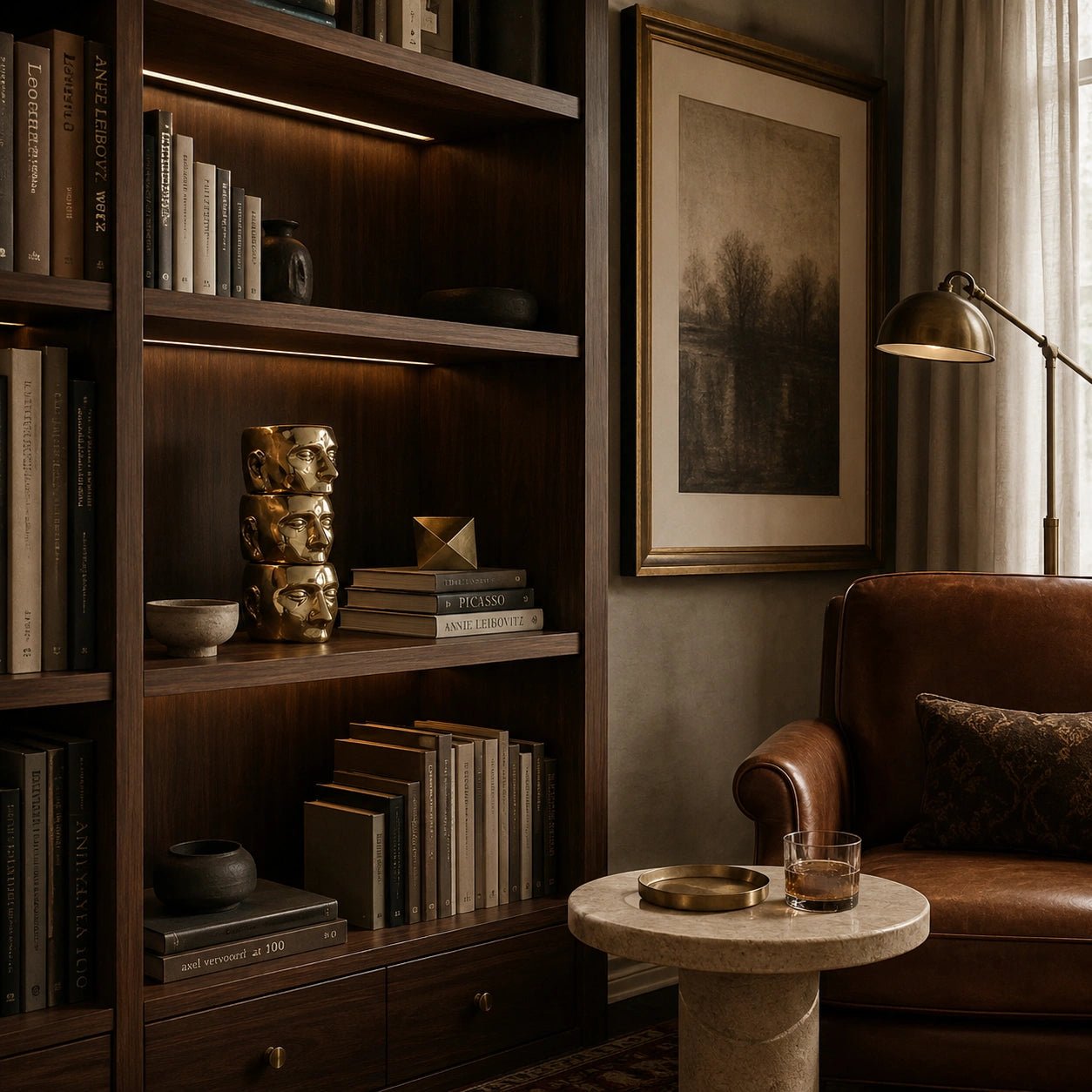Cozy living room with bookshelf, sofa, and framed artwork.