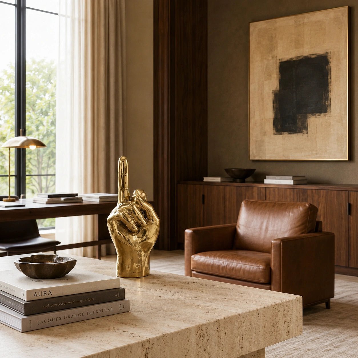 Modern interior with a gold hand sculpture, leather armchair, and abstract painting.