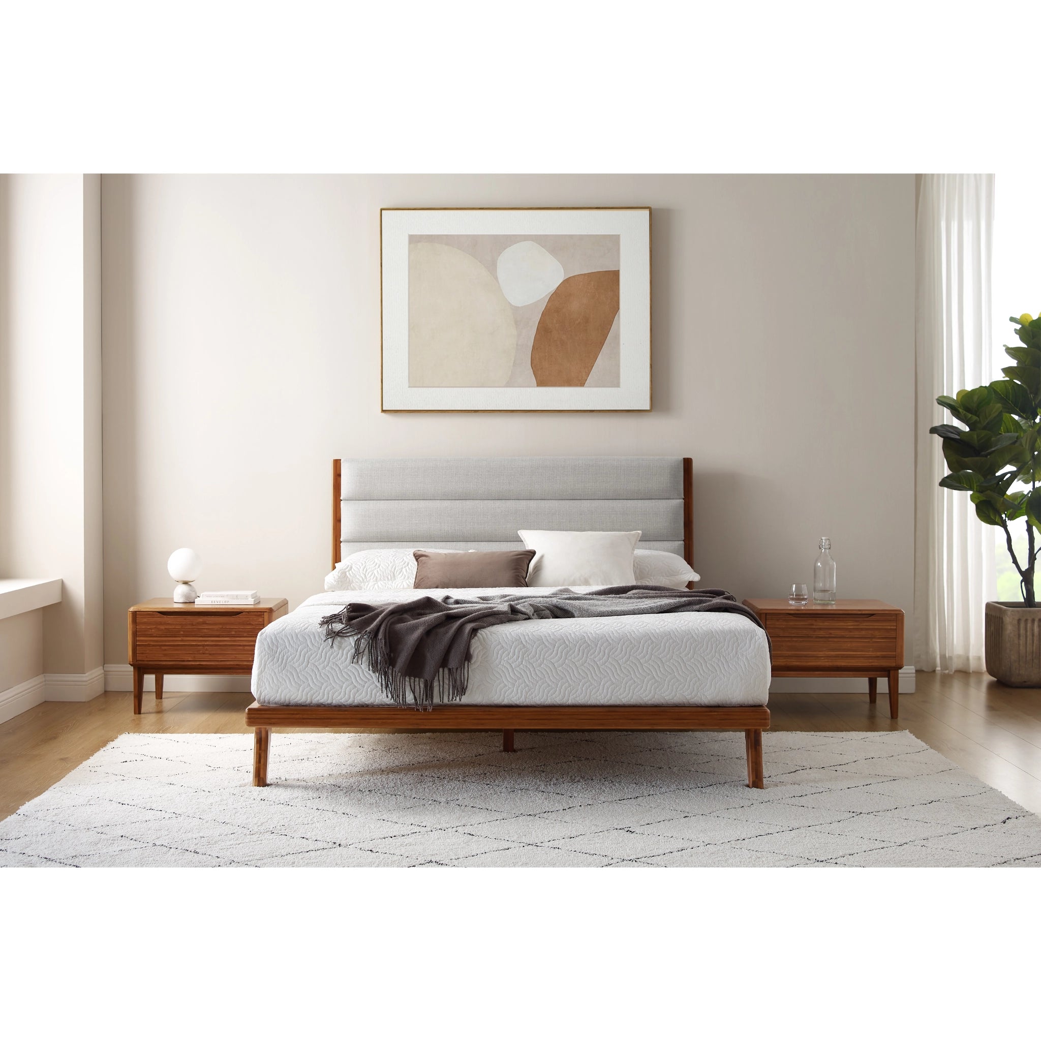 Eastern King Solid Bamboo Mercury Upholstered Platform Bed & Upholstered Headboard, Amber by Greenington image 1