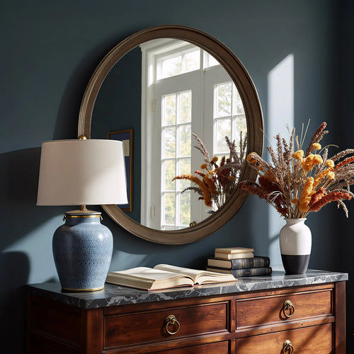 Round wood entryway mirror above a dresser on a teal wall