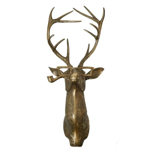 Frankie the Stag - Pipe-Smoking Statement Brass Antique Gold Wall Mount | Cast Aluminum