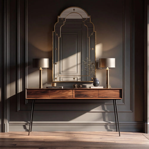 Gold star mirror above a wood console in a sunlit room