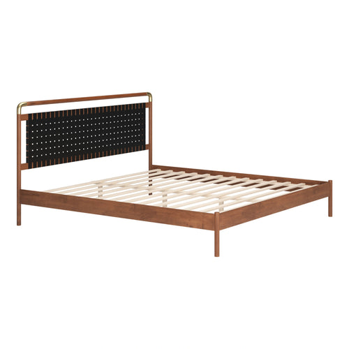 Black Faux Leather King Bed | Grid Headboard and Walnut Frame