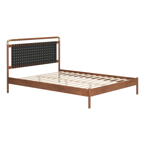 Black Faux Leather Queen Bed | Grid Headboard and Walnut Frame