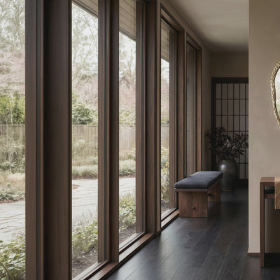 A short video of modern interior with a round golden mirror, wooden console table, and bench by large windows.