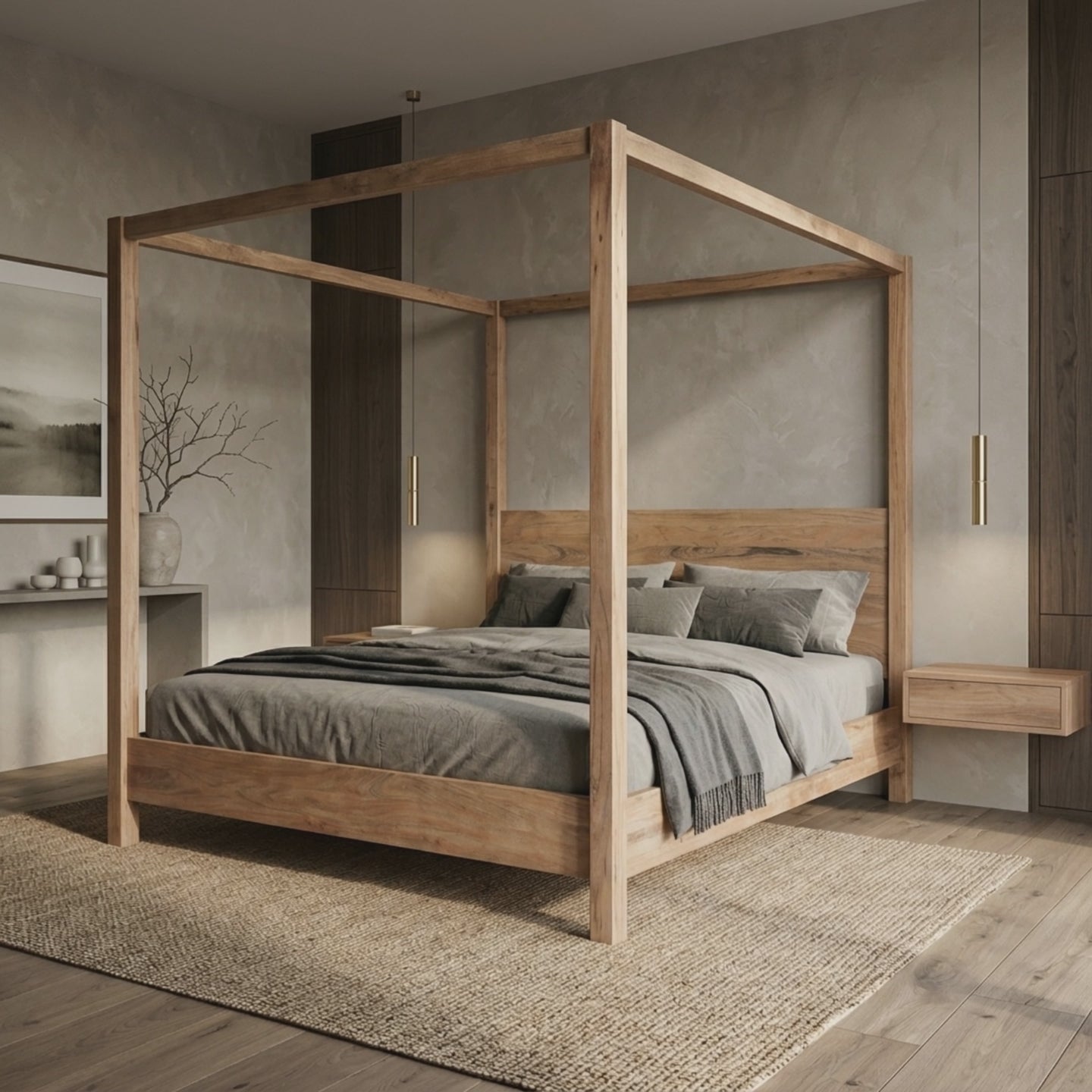 A photograph of the Queen Brushed Wood Canopy Bed Frame with Headboard, showcased in a sophisticated · Orbit left