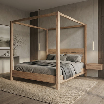 A photograph of the Queen Brushed Wood Canopy Bed Frame with Headboard, showcased in a sophisticated · Orbit left