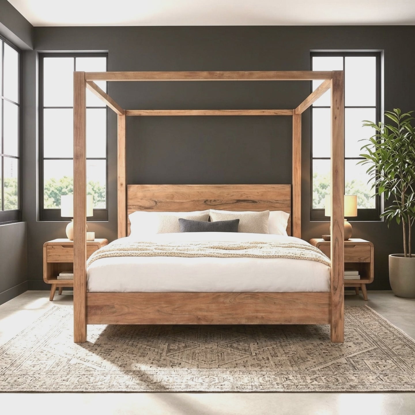 A photograph of the King Brushed Wood Canopy Bed Frame with Headboard, positioned as the centerpiece · Color adjusted · Orbit left