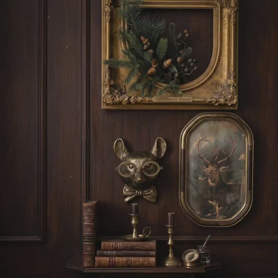 product video of a Louie the Mouse brass antique gold wall mount styled as gold-wall-decor above books, candles, and vintage wall art