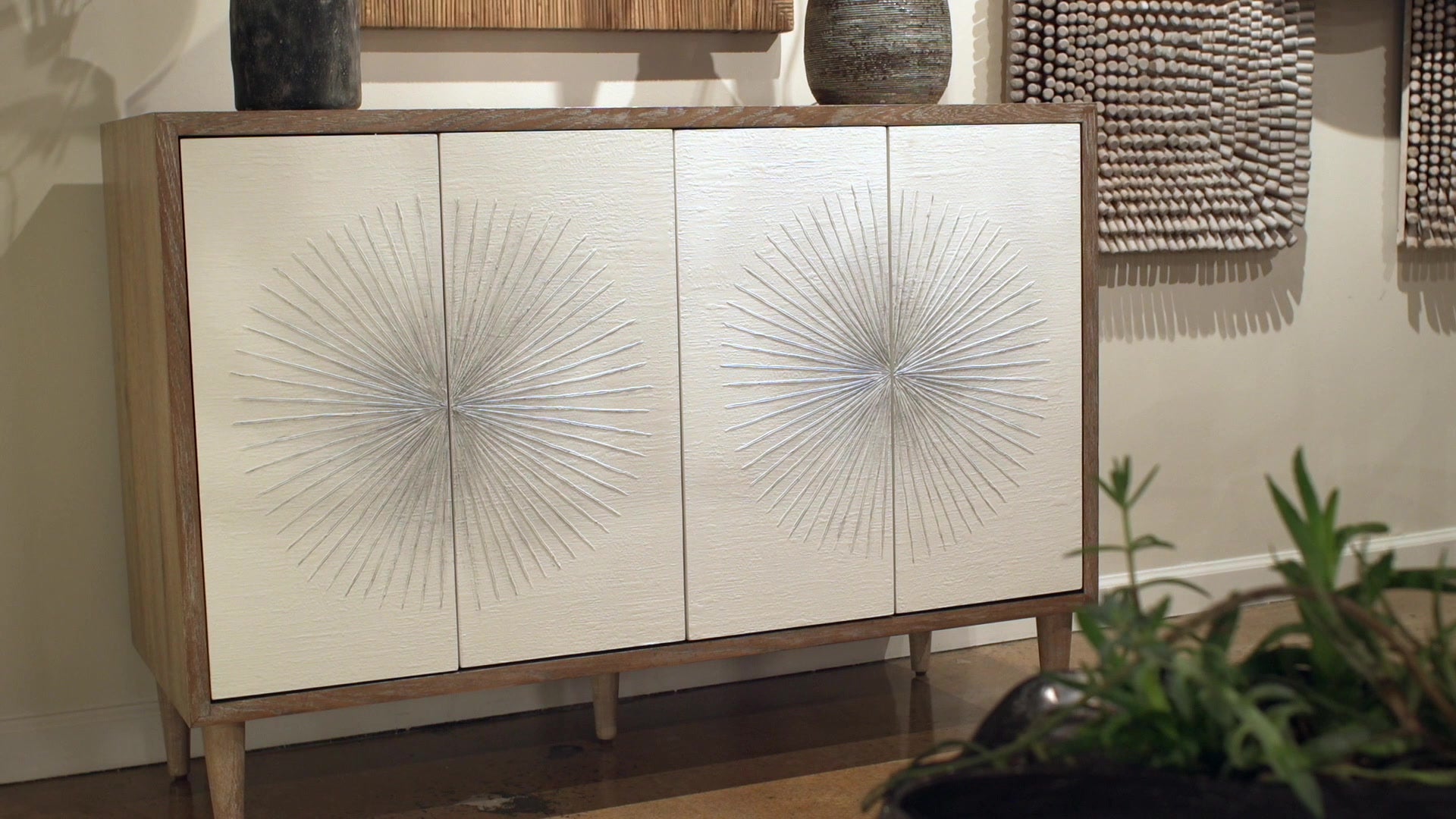 Dani 4 door credenza video showing matte white starburst doors and oak veneer
