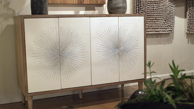 Dani 4 door credenza video showing matte white starburst doors and oak veneer