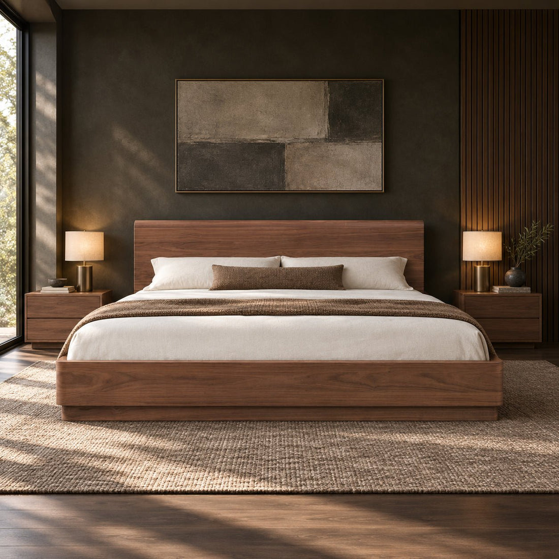 Queen Brown Walnut Wood Platform Bed - AURA Modern Home