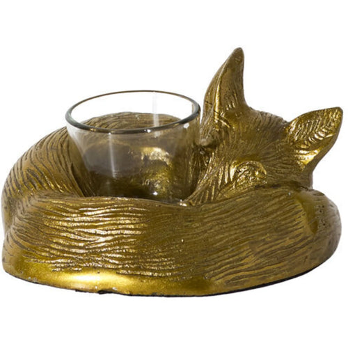 E+E Sleepy Eloise Antique-Gold Metal Fox Votive 6.5"x 3" | Cast Aluminum