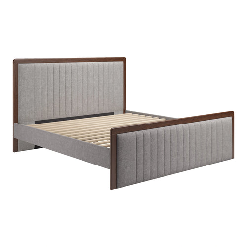 Gray Upholstered King Bed | Walnut Wood Platform Frame