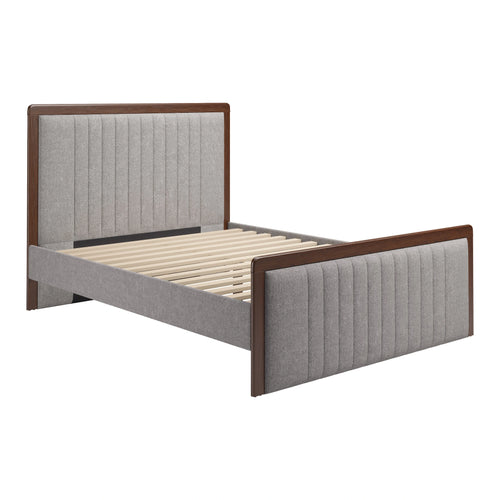 Gray Upholstered Queen Bed | Walnut Wood Platform Frame
