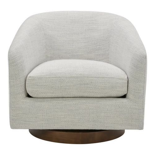 White Textured Barrel Swivel Chair with Wood Base